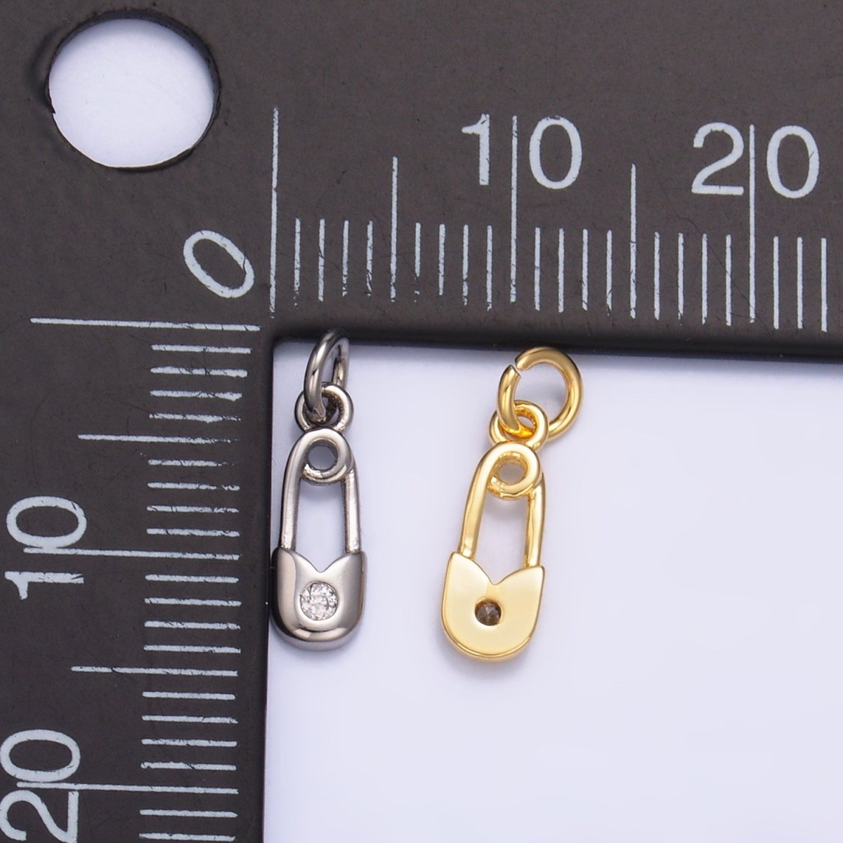 24K Gold Filled 11.5mm Clear CZ Safety Pin Mini Charm in Gold &amp; Silver | W882