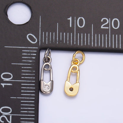 24K Gold Filled 11.5mm Clear CZ Safety Pin Mini Charm in Gold &amp; Silver | W882