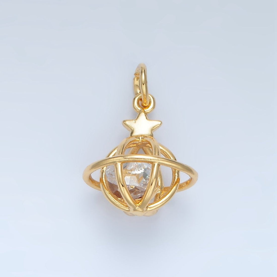 24K Gold Filled Clear CZ Saturn Planet Mini Charm | X284
