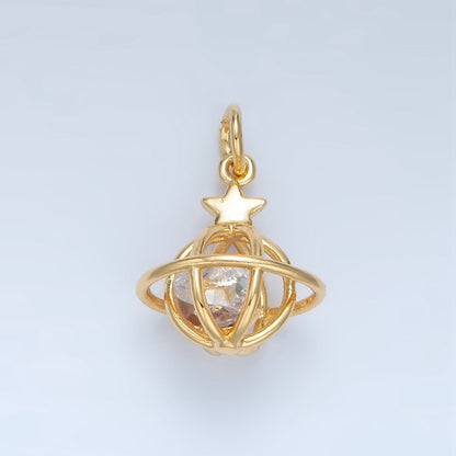 24K Gold Filled Clear CZ Saturn Planet Mini Charm | X284