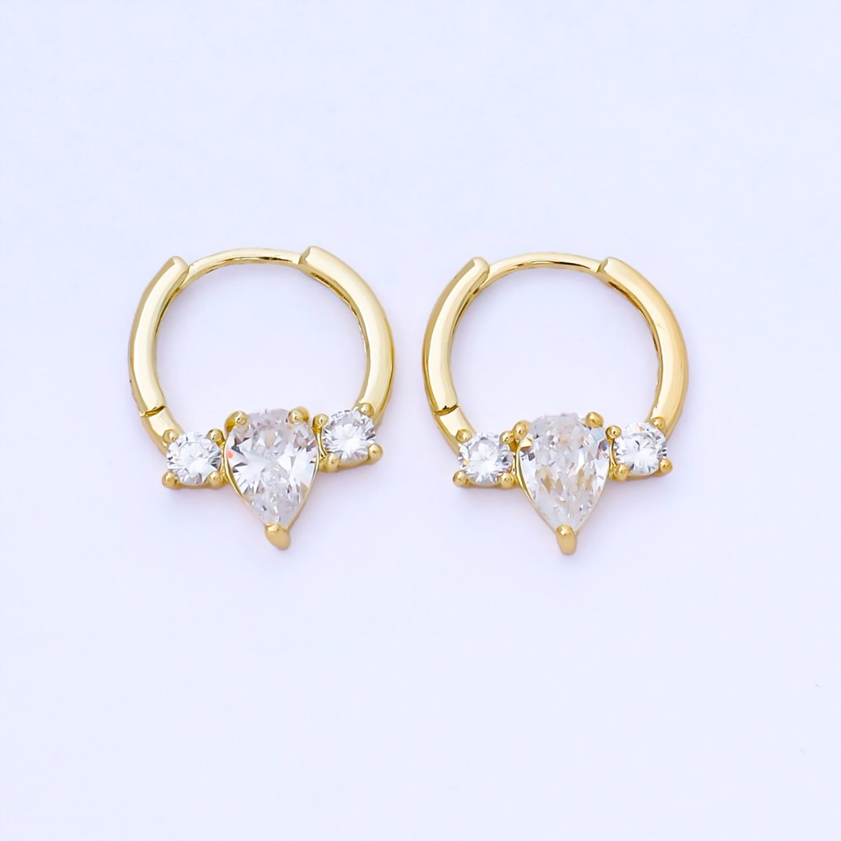 24K Gold Filled 15mm Clear CZ Three CZ Sideways Cluster Huggie Earrings | AB1624