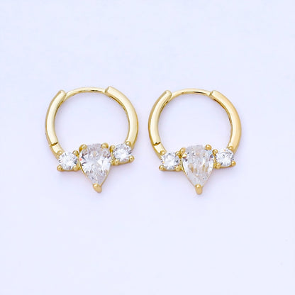 24K Gold Filled 15mm Clear CZ Three CZ Sideways Cluster Huggie Earrings | AB1624