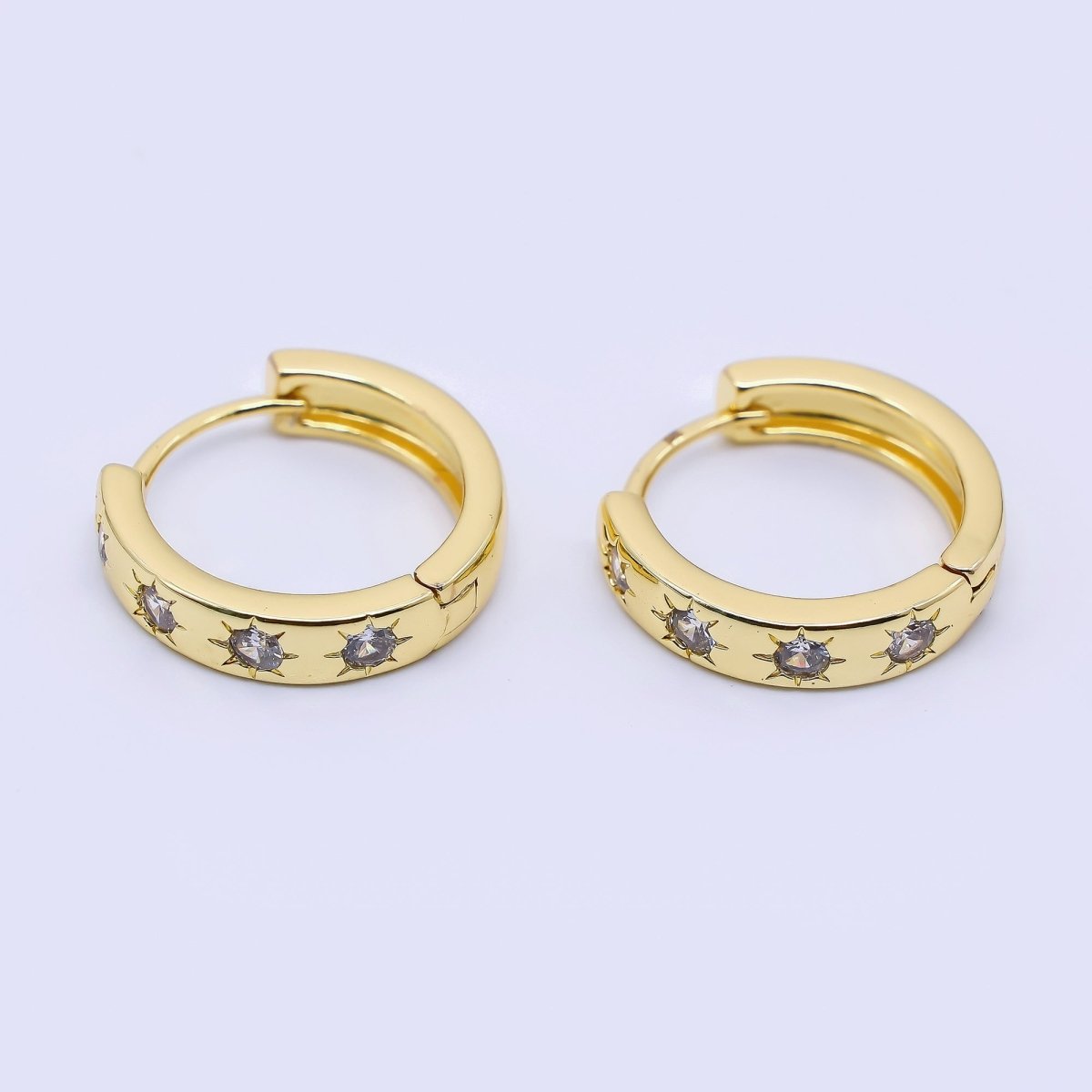 24K Gold Filled Clear CZ Sun Celestial Jewelry Hinged Hoops Earrings | AD-515