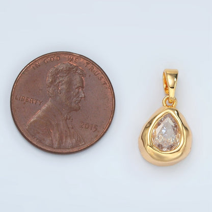 24K Gold Filled Clear CZ Teardrop Hammered Bezel Pendant | H515