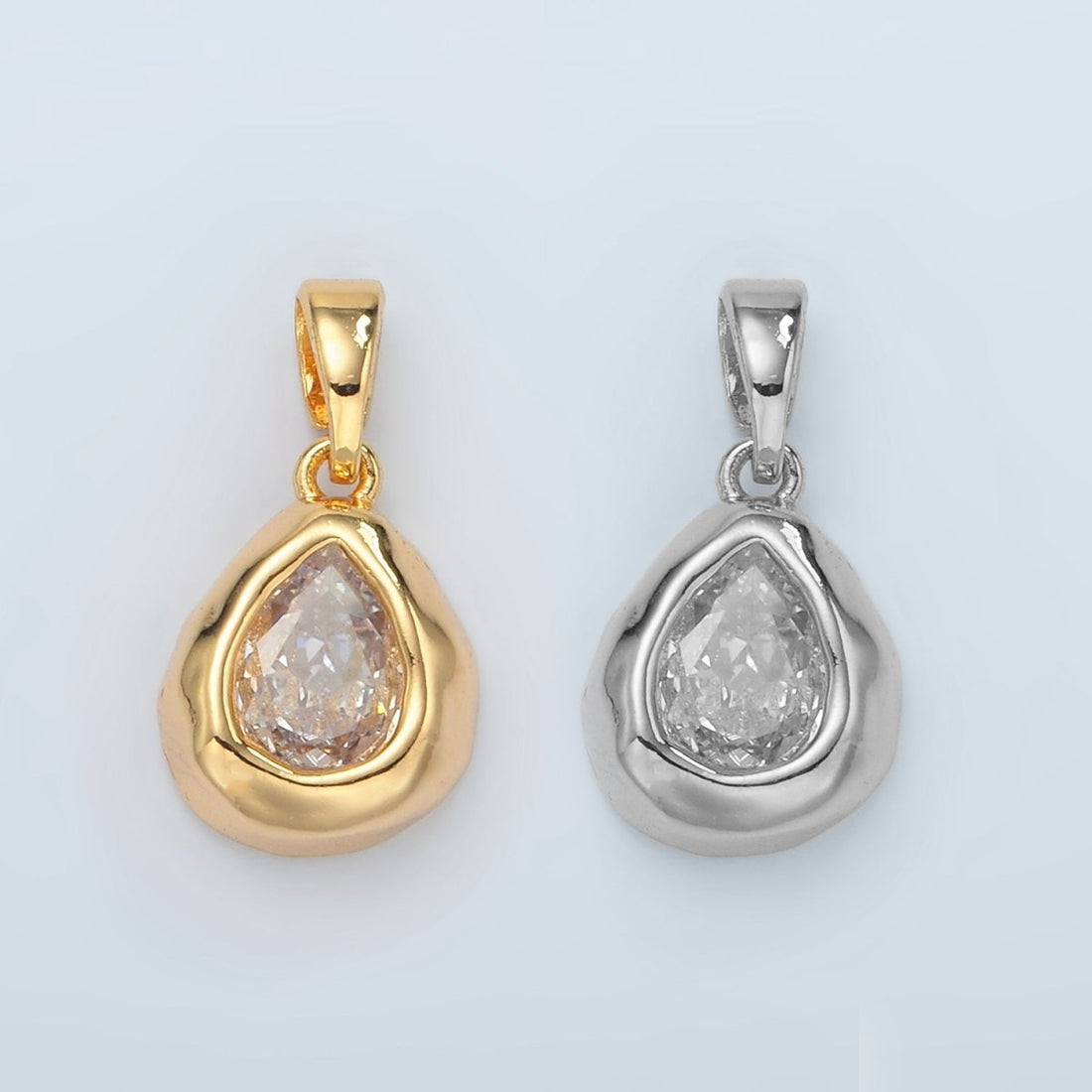 24K Gold Filled Clear CZ Teardrop Hammered Bezel Pendant | H515
