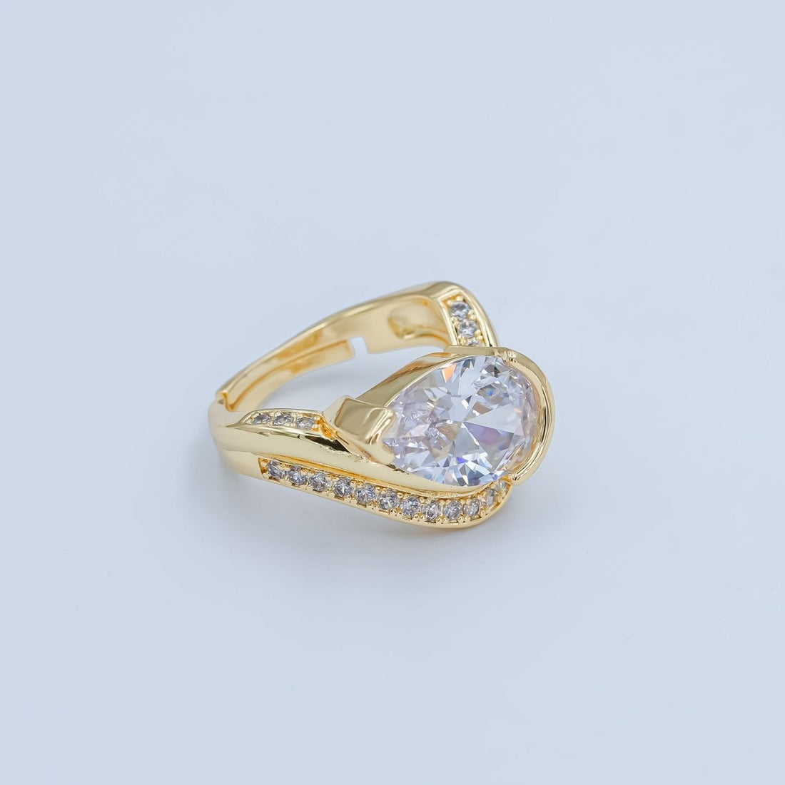 24K Gold Filled Clear CZ Teardrop Micro Paved Curved Ring | O625