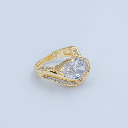 24K Gold Filled Clear CZ Teardrop Micro Paved Curved Ring | O625