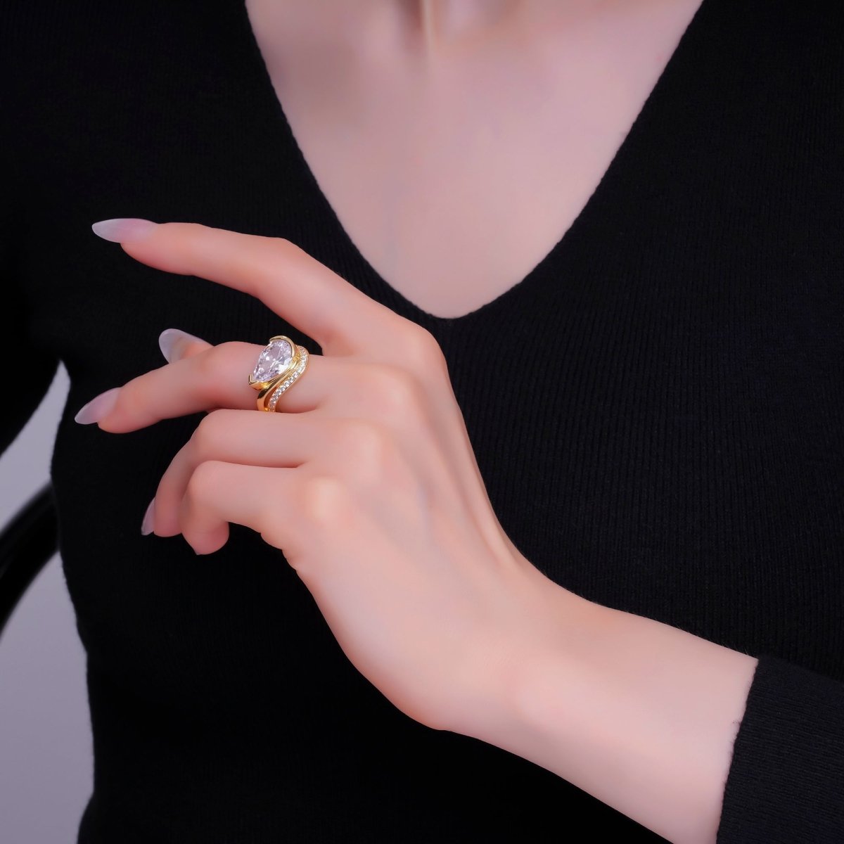 24K Gold Filled Clear CZ Teardrop Micro Paved Curved Ring | O625