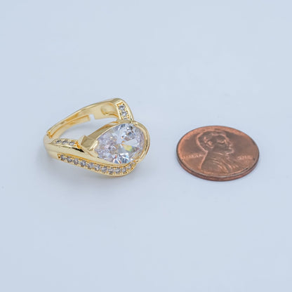 24K Gold Filled Clear CZ Teardrop Micro Paved Curved Ring | O625