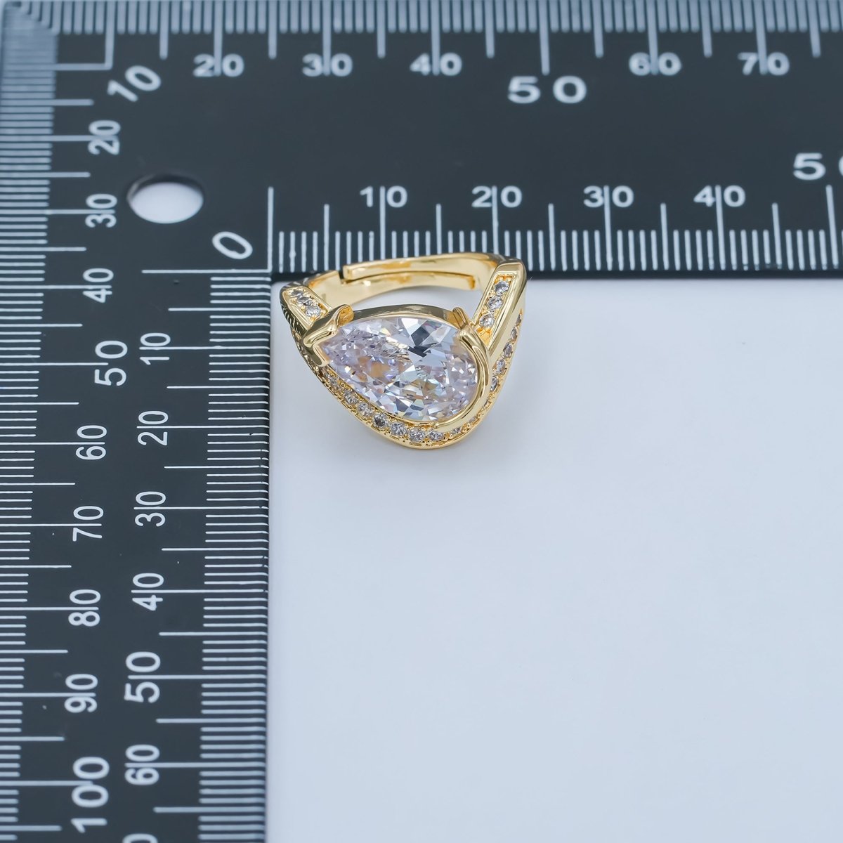 24K Gold Filled Clear CZ Teardrop Micro Paved Curved Ring | O625