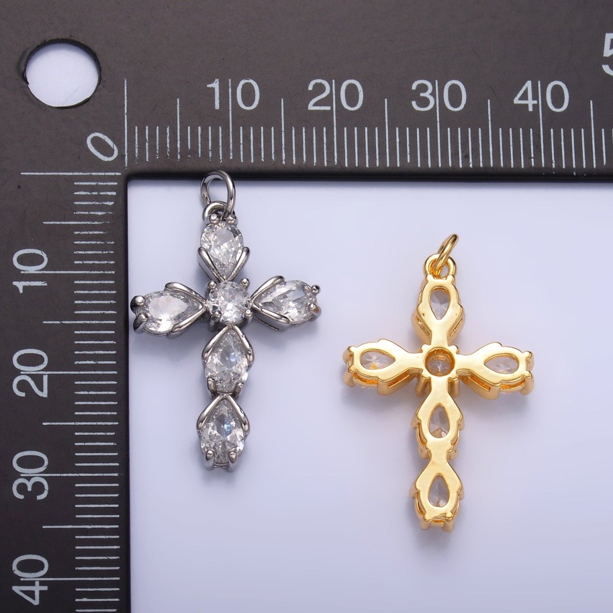 24K Gold Filled 27mm Clear CZ Teardrop Religious Cross Charm in Gold &amp; Silver | W410