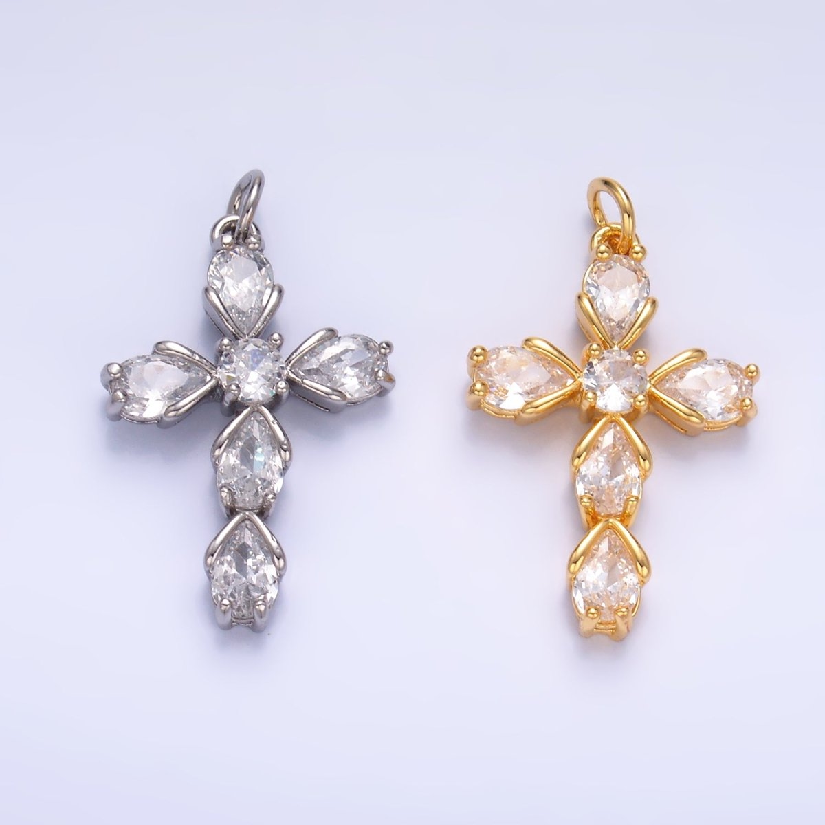 24K Gold Filled 27mm Clear CZ Teardrop Religious Cross Charm in Gold &amp; Silver | W410