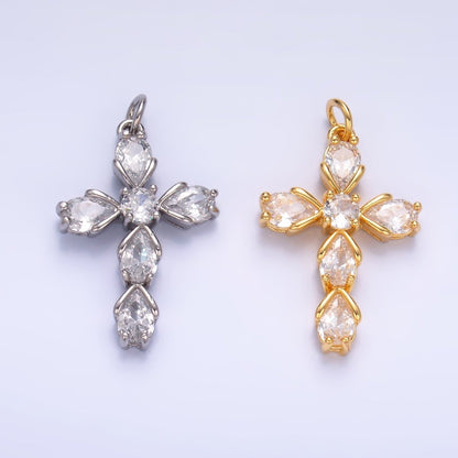 24K Gold Filled 27mm Clear CZ Teardrop Religious Cross Charm in Gold &amp; Silver | W410