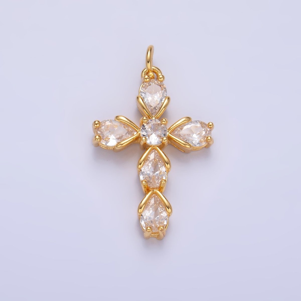 24K Gold Filled 27mm Clear CZ Teardrop Religious Cross Charm in Gold &amp; Silver | W410