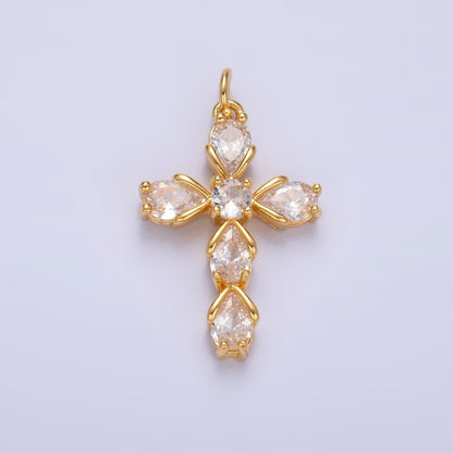 24K Gold Filled 27mm Clear CZ Teardrop Religious Cross Charm in Gold &amp; Silver | W410