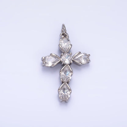 24K Gold Filled 27mm Clear CZ Teardrop Religious Cross Charm in Gold &amp; Silver | W410