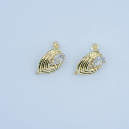 24K Gold Filled Clear CZ Teardrop Round Lined Drop Stud Earrings | Z1148
