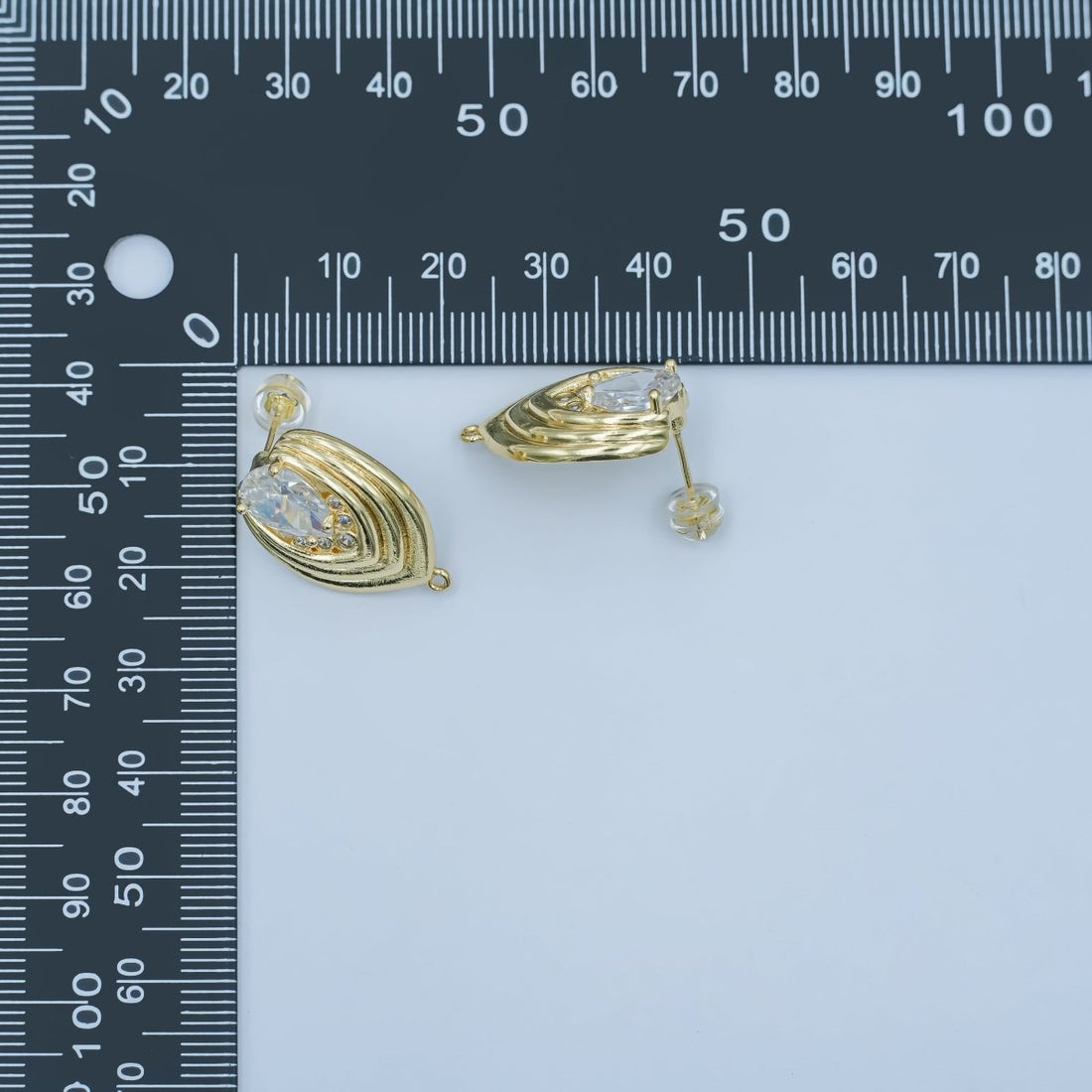 24K Gold Filled Clear CZ Teardrop Round Lined Drop Stud Earrings | Z1148