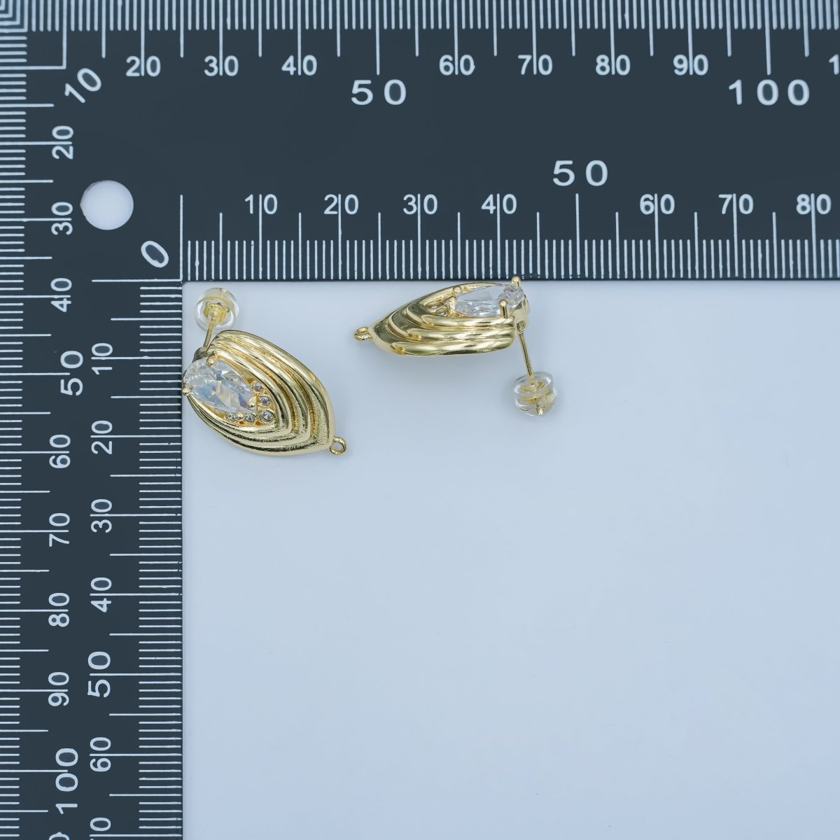 24K Gold Filled Clear CZ Teardrop Round Lined Drop Stud Earrings | Z1148