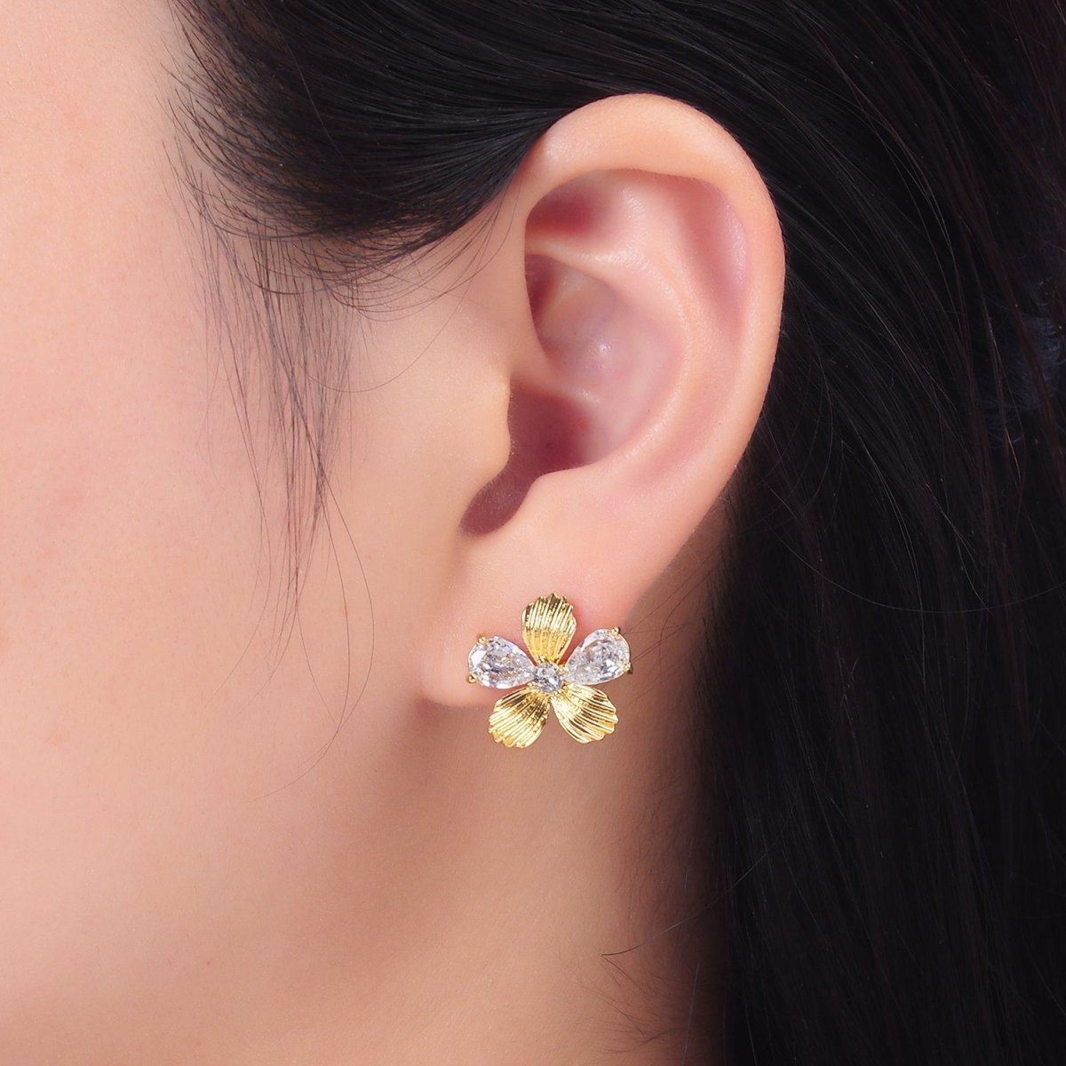 24K Gold Filled Clear CZ Textured Flower Stud Earrings in Gold &amp; Silver | AB722 AB723