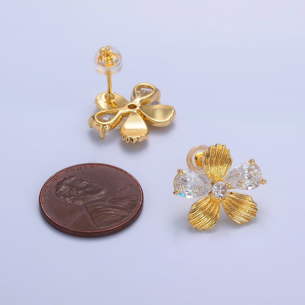 24K Gold Filled Clear CZ Textured Flower Stud Earrings in Gold &amp; Silver | AB722 AB723