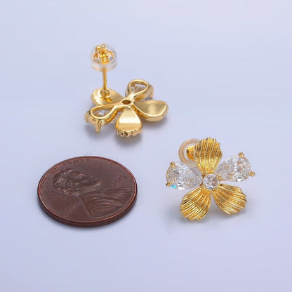 24K Gold Filled Clear CZ Textured Flower Stud Earrings in Gold &amp; Silver | AB722 AB723