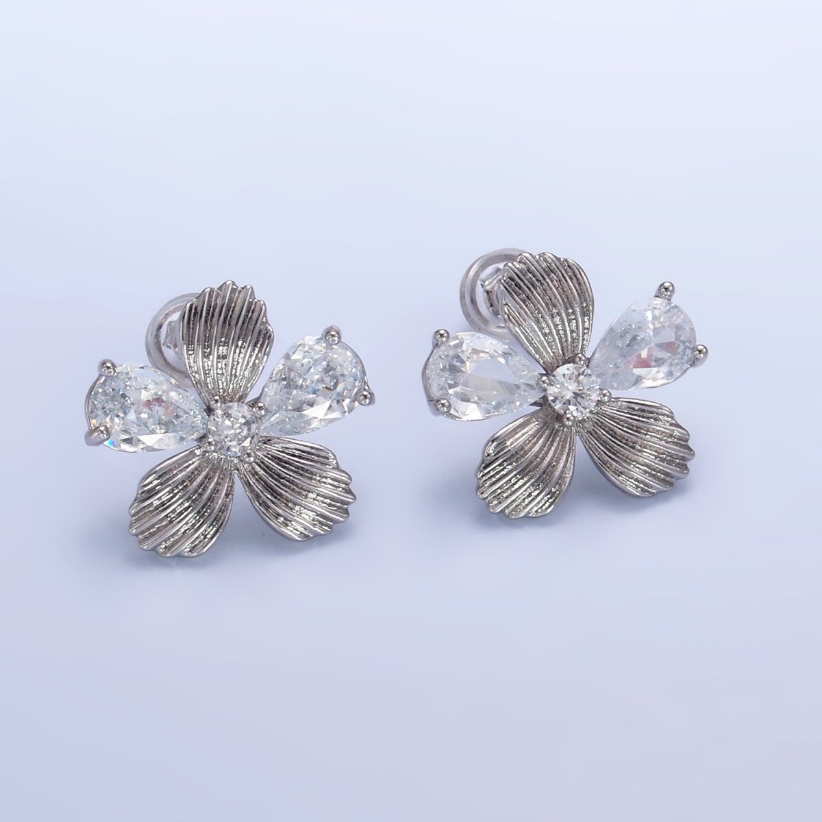 24K Gold Filled Clear CZ Textured Flower Stud Earrings in Gold &amp; Silver | AB722 AB723
