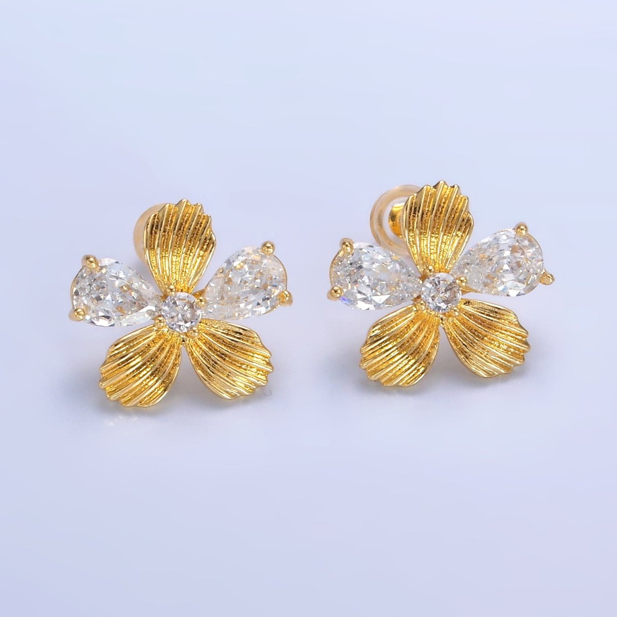 24K Gold Filled Clear CZ Textured Flower Stud Earrings in Gold &amp; Silver | AB722 AB723