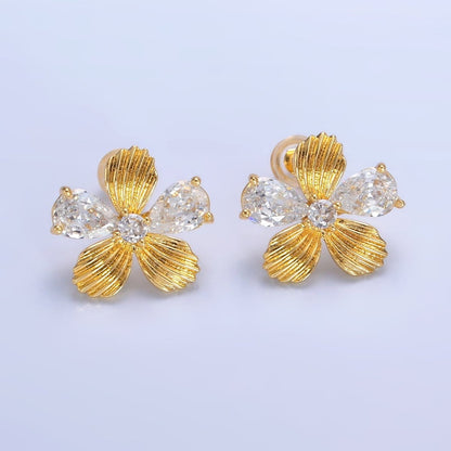 24K Gold Filled Clear CZ Textured Flower Stud Earrings in Gold &amp; Silver | AB722 AB723