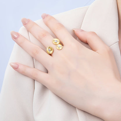24K Gold Filled Clear CZ Triple Sunflower Mixed Metal Wrap Ring | Rings-00108
