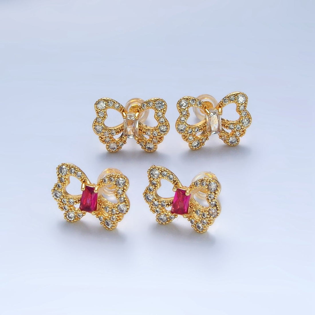 24K Gold Filled Clear, Fuchsia Baguette Micro Paved CZ Butterfly Stud Earrings | AD773 P062