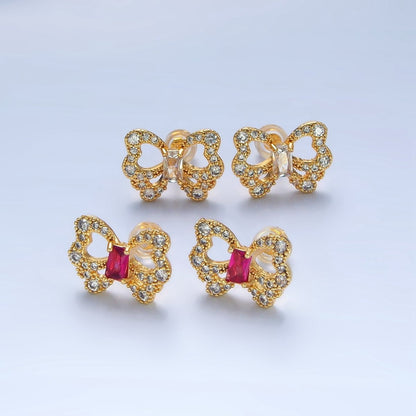 24K Gold Filled Clear, Fuchsia Baguette Micro Paved CZ Butterfly Stud Earrings | AD773 P062