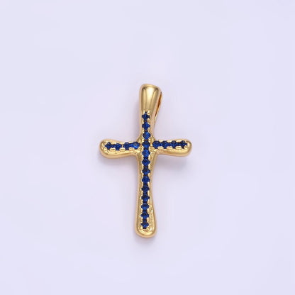 24K Gold Filled Clear, Fuchsia, Blue, Green Micro Paved CZ Molten Religious Cross Pendant | AA1343 - AA1344