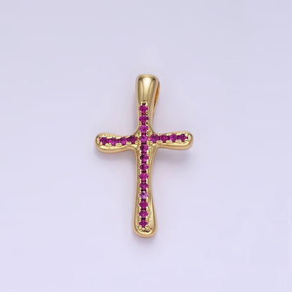 24K Gold Filled Clear, Fuchsia, Blue, Green Micro Paved CZ Molten Religious Cross Pendant | AA1343 - AA1344