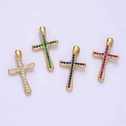 24K Gold Filled Clear, Fuchsia, Blue, Green Micro Paved CZ Molten Religious Cross Pendant | AA1343 - AA1344