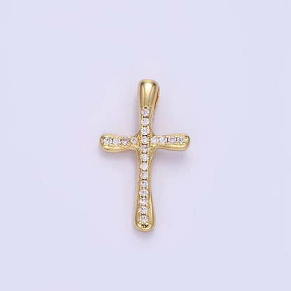 24K Gold Filled Clear, Fuchsia, Blue, Green Micro Paved CZ Molten Religious Cross Pendant | AA1343 - AA1344