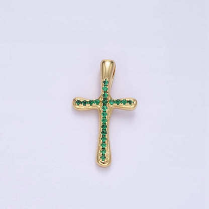 24K Gold Filled Clear, Fuchsia, Blue, Green Micro Paved CZ Molten Religious Cross Pendant | AA1343 - AA1344