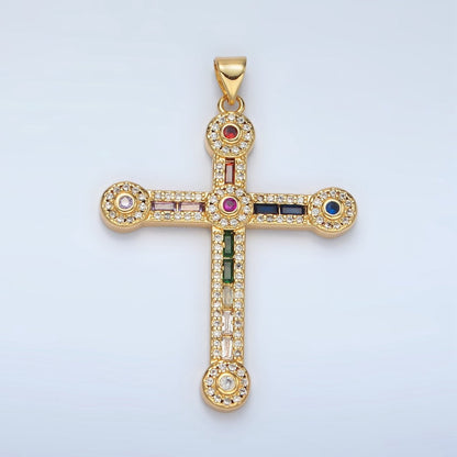 24K Gold Filled Clear, Fuchsia, Multicolor Baguette Micro Paved Round Religious Cross Pendant | I423 I424