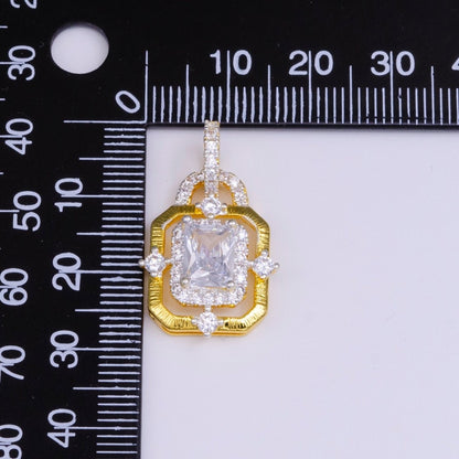 24K Gold Filled Clear, Green, Blue, Fuchsia Baguette Rhombus CZ Hexagonal Micro Paved CZ Frame Bail Pendant | AA526 - AA529