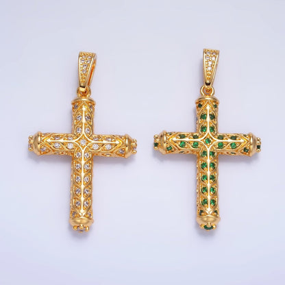 24K Gold Filled Clear, Green CZ Artisan Religious Cross Pendant in Gold &amp; Silver | AA1077 AA1078