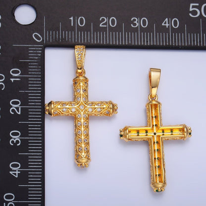 24K Gold Filled Clear, Green CZ Artisan Religious Cross Pendant in Gold &amp; Silver | AA1077 AA1078