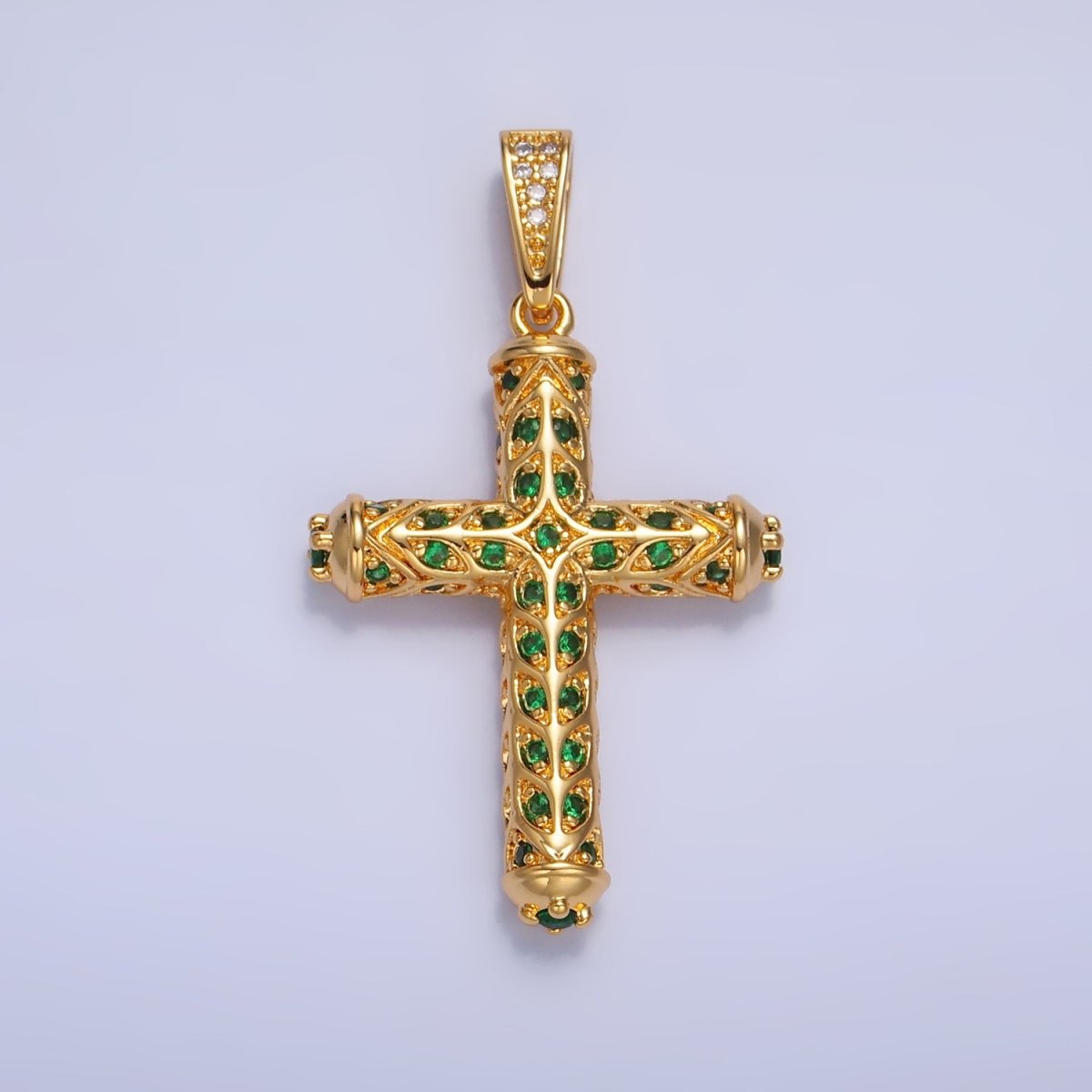 24K Gold Filled Clear, Green CZ Artisan Religious Cross Pendant in Gold &amp; Silver | AA1077 AA1078