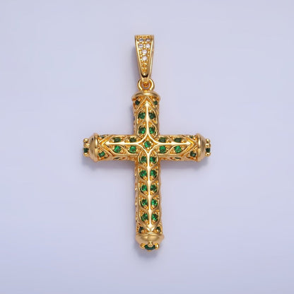 24K Gold Filled Clear, Green CZ Artisan Religious Cross Pendant in Gold &amp; Silver | AA1077 AA1078