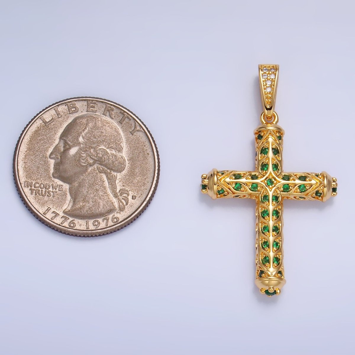 24K Gold Filled Clear, Green CZ Artisan Religious Cross Pendant in Gold &amp; Silver | AA1077 AA1078
