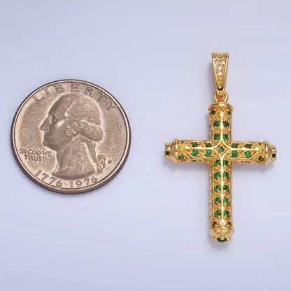 24K Gold Filled Clear, Green CZ Artisan Religious Cross Pendant in Gold &amp; Silver | AA1077 AA1078