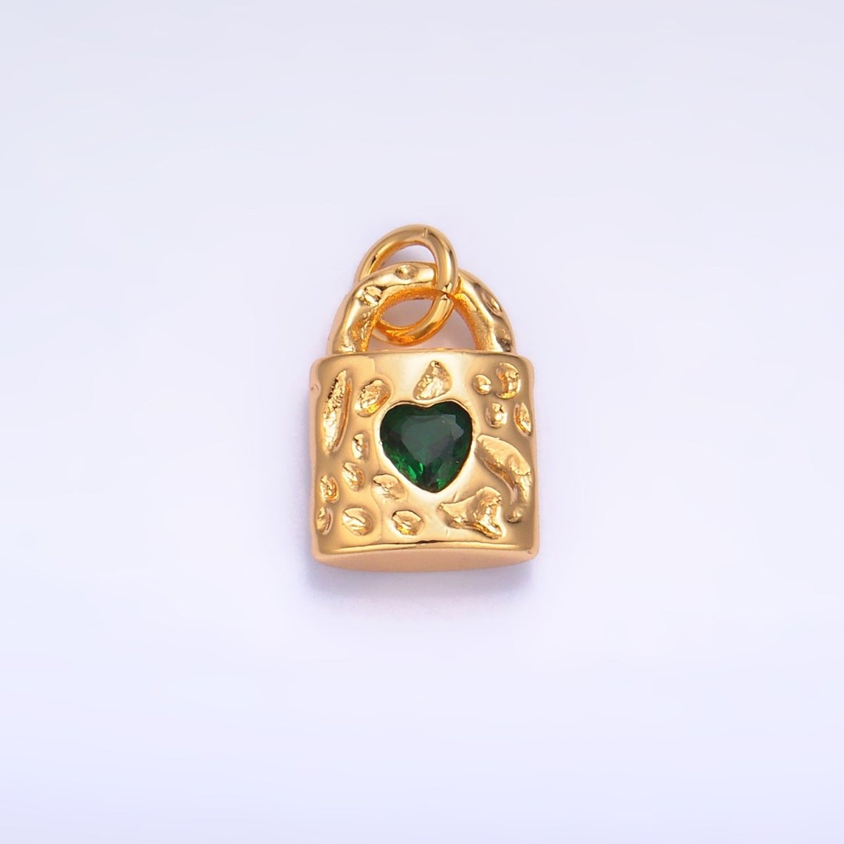 24K Gold Filled Clear, Green, Pink CZ Heart Key Padlock Hammered Charm | W266 W267