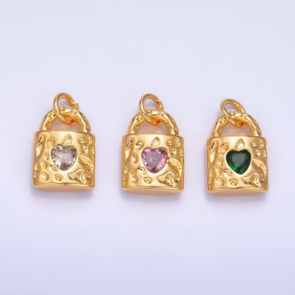 24K Gold Filled Clear, Green, Pink CZ Heart Key Padlock Hammered Charm | W266 W267