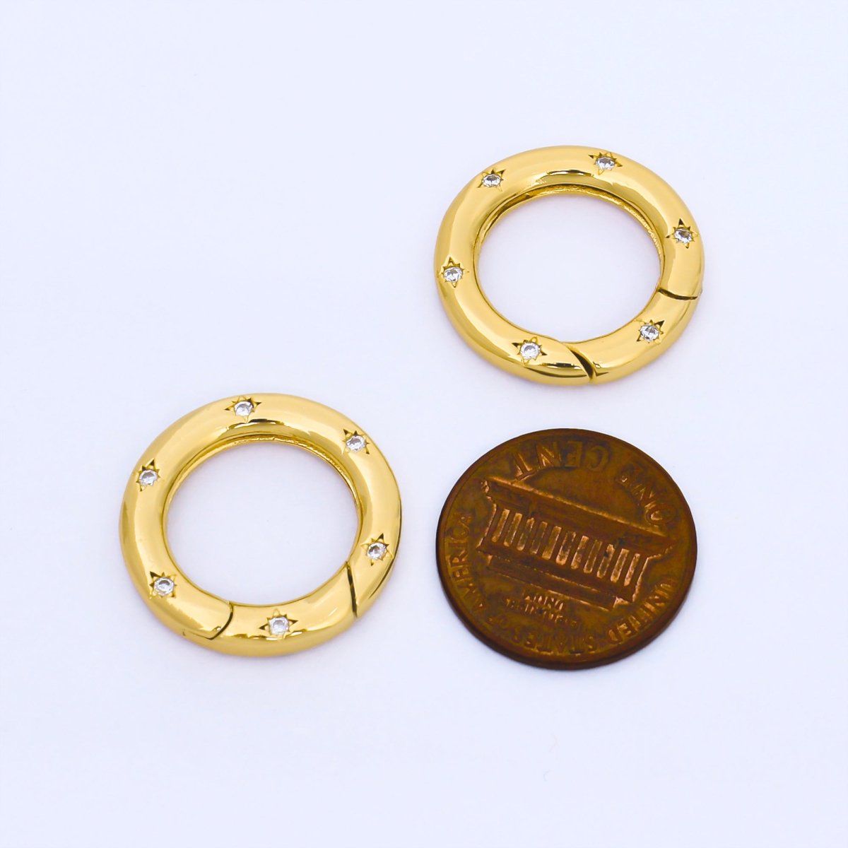 24K Gold Filled Clear Micro Paved CZ Round Spring Gate Ring Charm Holder Z1489
