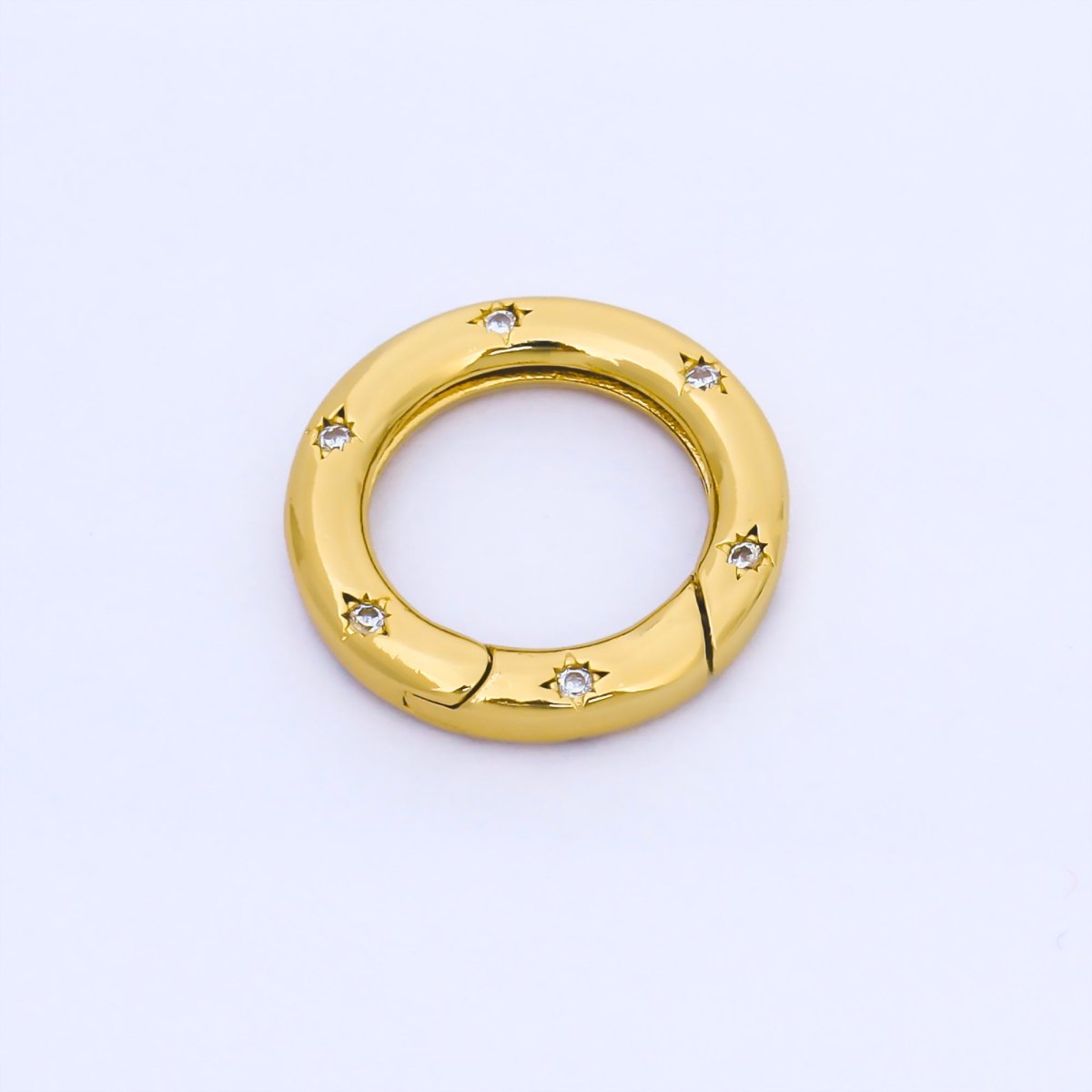 24K Gold Filled Clear Micro Paved CZ Round Spring Gate Ring Charm Holder Z1489