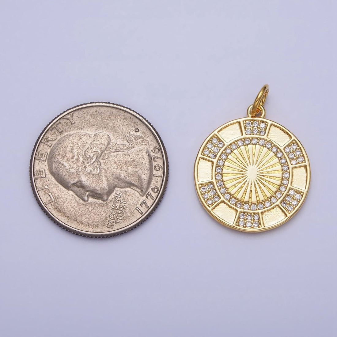 24K Gold Filled Clear Micro Paved CZ Round Sunburst Medallion Charm | AC369